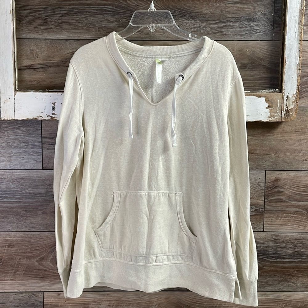 GREEN TEA Beige Handwarmer Pocket Sweatshirt Vneck Drawstring Neckline Sz Large